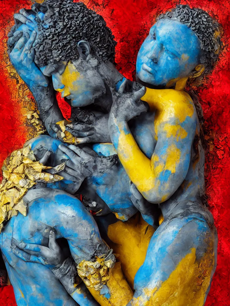 Prompt: the embrace of love and compassion, symmetrical fractured dark obsidian greek statue of a beautiful tribal couple, yellow gemstones, ice sunflowers, lightblue acrylic paintdrip tar, mangeta smoke red light, repaired with kintsugi, glitch art, rendered in octane trending on cgsociety. extremely detailed and intricate art, corruption, sleek