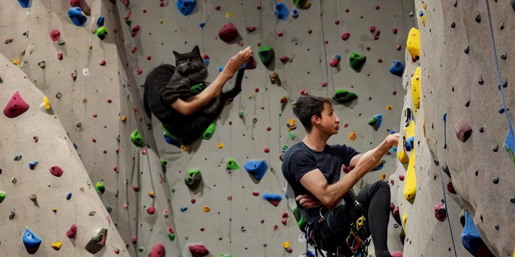 Prompt: an award winning wide photo of, a professional chambionship rock climbing cat, drinking a cup of coffee, and holding onto a rop on an indoor rock climbing wall