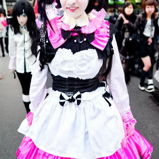 Image similar to cute looking martin shkreli wearing gothic lolita dress photographed at harajuku tokyo street fashion event,