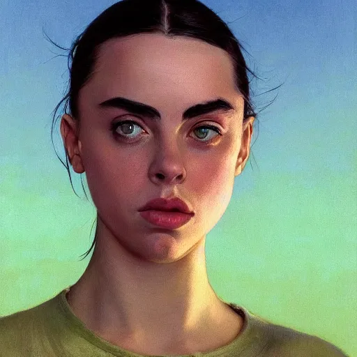 Image similar to 4k headshot of thicc Billie Eilish from Macfarlane comics, killing with green fire by Craig Mullins, ilya kuvshinov, krenz cushart, epic , artgerm trending on artstation by Edward Hopper and Dan Mumford and WLOP and Rutkovsky, beksinski carl spitzweg moebius and tuomas kocar, intricate artwork by caravaggio, Unreal Engine 5, Lumen, Nanite , 4K headshot of godlike clown with defined arms and open hands and bloody clothes with giant mandala wings , intricate face , flawless anime cel animation by Kentaro Miura, psychedelic , highly detailed upper body , professionally post-processed , beautiful, scary, symmetry accurate features, epic, octane rendered, anime masterpiece, accurate