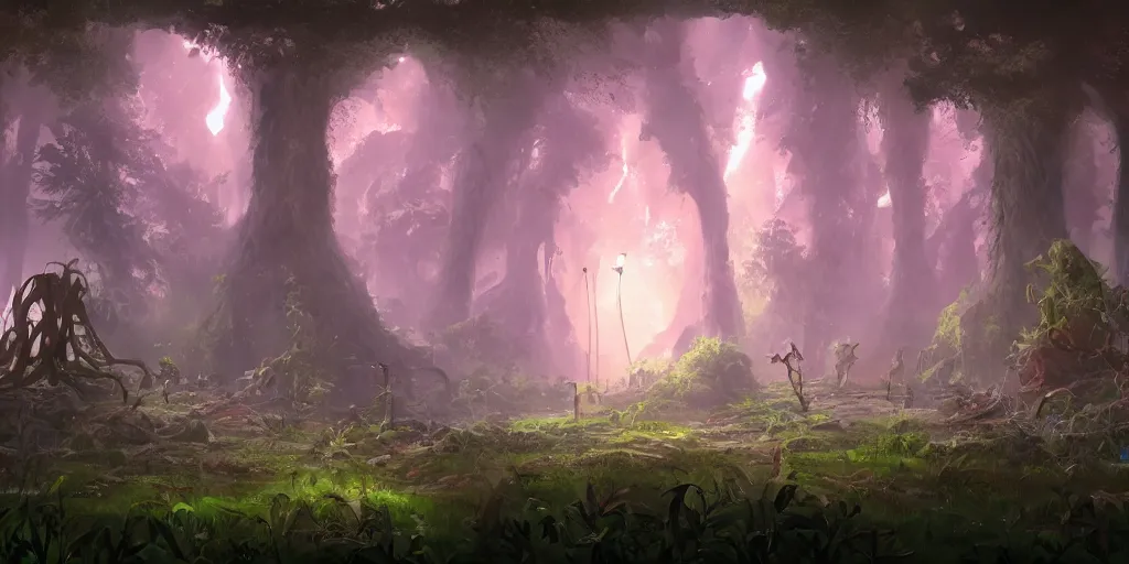 Image similar to giant ant in futuristic spiritual mystical post apocalyptic forest by ron gilbert, dim painterly volumetric aquatic lighting, beautiful, crisp, artstation, highly detailed