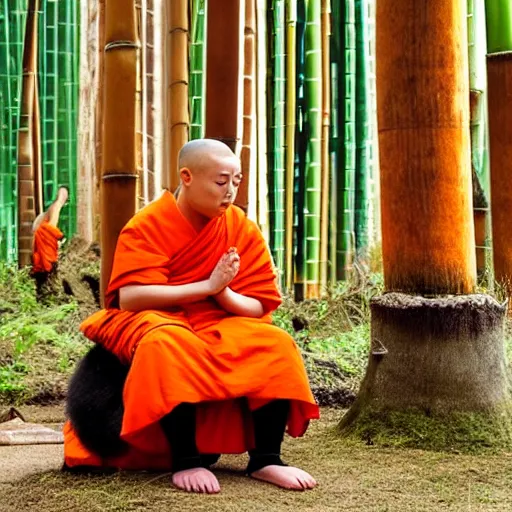 Image similar to a high quality photo of a panda monk, wearing orange clothes, meditating, sitting in front of a temple. bamboo forest in the background.