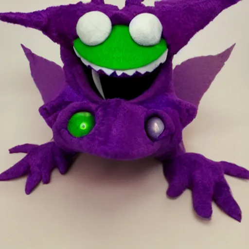 Prompt: silly purple dragon puppet with bloodshot eyes