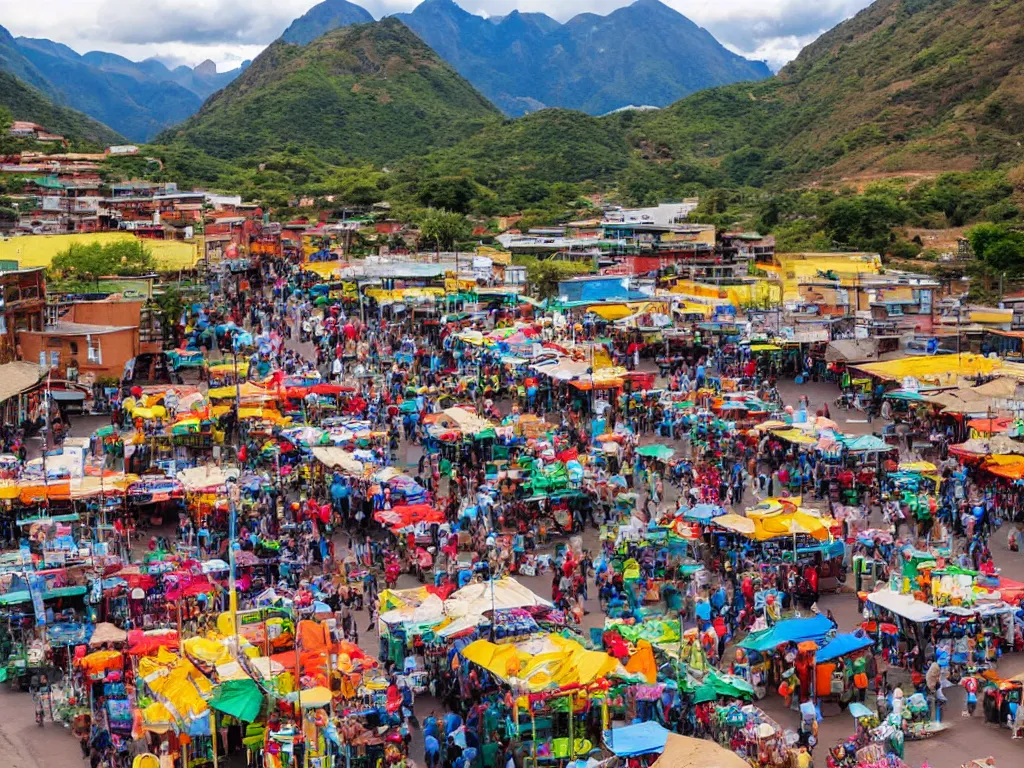 Image similar to south american city market in a valley with mountains