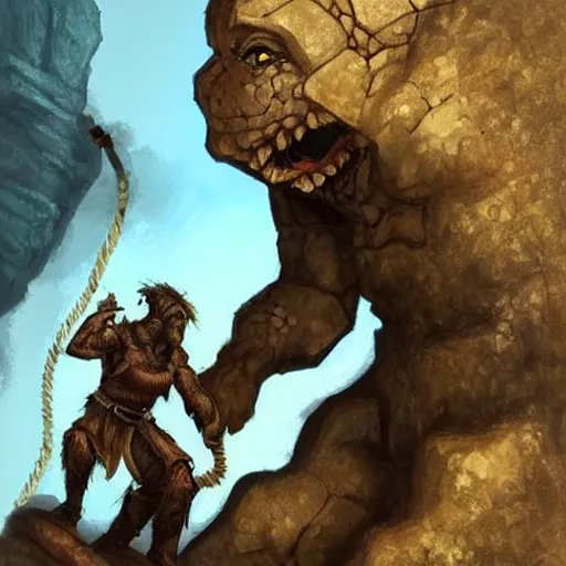 Image similar to dungeons and dragons, rogue rock climbing up the fossilised golem like remains of an ancient giant, very detailed, fantasy art, portrait