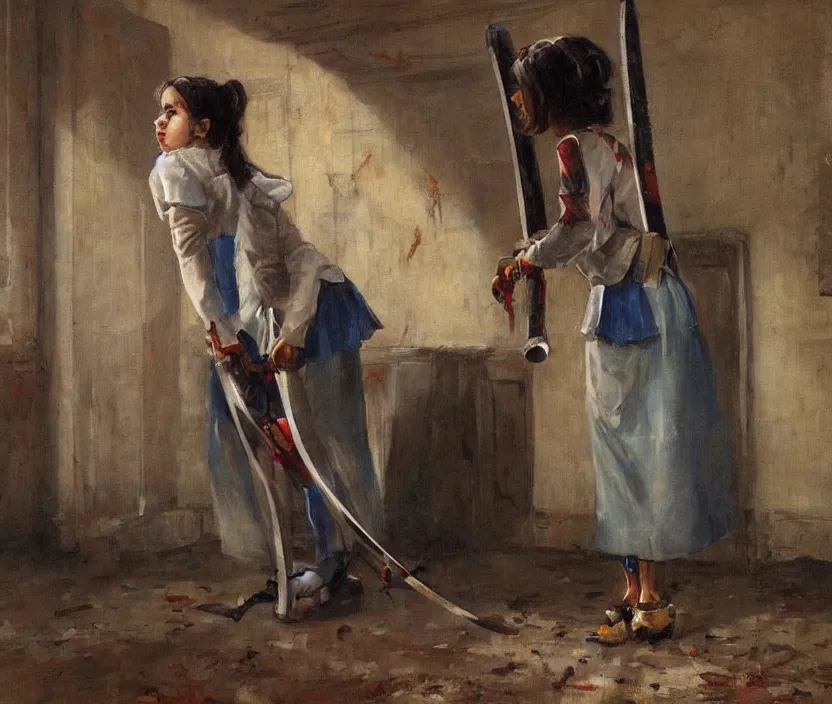 Image similar to School girl holding a katana and standing on an abandoned hospital room , by Konstantin Razumov, horror scene, highly detailded