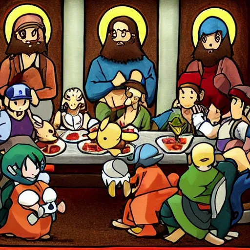 Prompt: pokemon in the style of the last supper