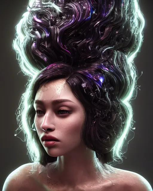 Image similar to beauteous sumptuous dark empress with incredible iridescent pearlescent voluminous hair, photo - realistic crystalline masterpiece incrustations, hyperdetailed kind face, elegant pose, movie still, cinematic forest lighting, intricate accuracy, octane render, cgsociety, artgerm, unreal engine, crepuscular rays, god rays