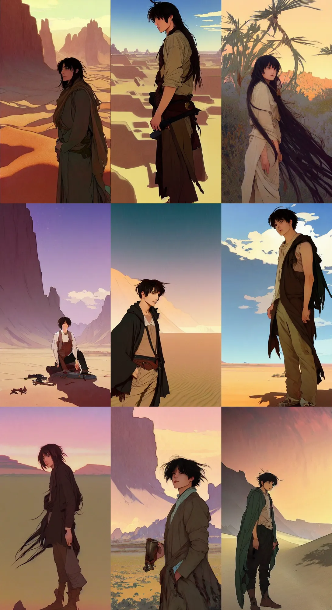 Prompt: (Jungkook with long dark straight hair in the dessert by greg rutkowski and alphonse mucha), (Background is a screenshot by krenz cushart, pixiv contest winner, action painting, 2d game art, official art, award-winning, art by Studio Ghibli, by Chris Moore, high details)