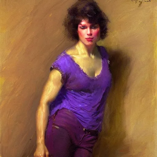 Prompt: a woman in a purple shirt with a herculean body type, painting by Gaston Bussiere, Craig Mullins