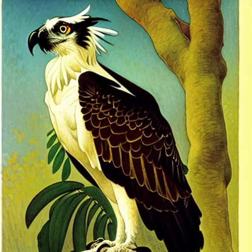 Prompt: An osprey by Henri Rousseau and Alphonse Mucha.