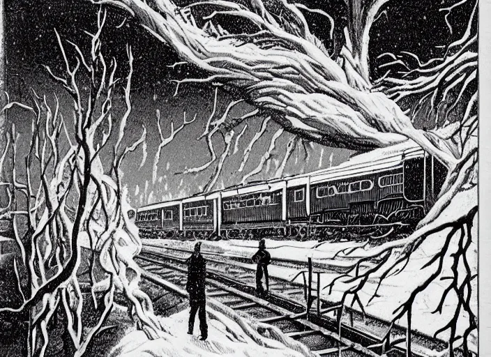 Image similar to the roaring and screeching of a train emanates through the craggy darkness. snowblind, you should be bedridden, but you have no bed. the beast approaches, maddeningly soft on its dense limbs, and yes the monster sees you and takes its sweet time to lumber over.