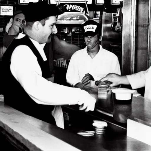 Image similar to a photograph of a real - life popeye the sailor man handing change to a customer at a popeye's chicken restaurant. he is behind the counter wearing a uniform, the customer is wearing khakis and a coat.