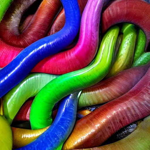 Image similar to colorful slugs intertwining, hd closeup, nature photography, featured