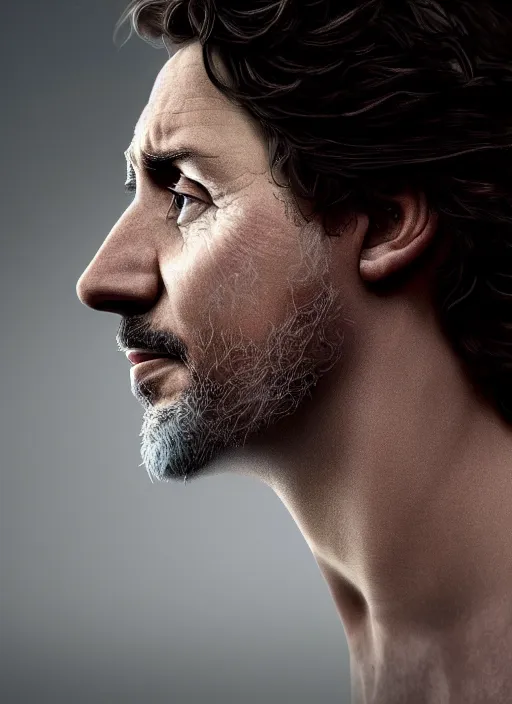 Prompt: a profile portrait of justin trudeau with translucent skin, visible cranial cavity with cobwebs, dust and rats, beautiful detailed intricate insanely detailed octane render, 8 k artistic photography, photorealistic, chiaroscuro, by david cronenberg, raphael, caravaggio