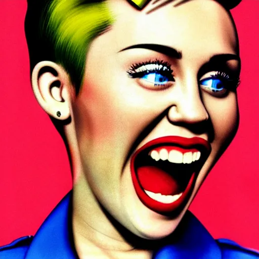 Image similar to propaganda poster, miley cyrus, close up, portrait, shouting