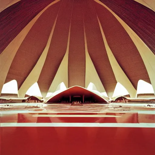 Image similar to interior of a futuristic lotus temple with gold, red and white marble panels, in the desert, by buckminster fuller and syd mead, intricate contemporary architecture, photo journalism, photography, cinematic, national geographic photoshoot