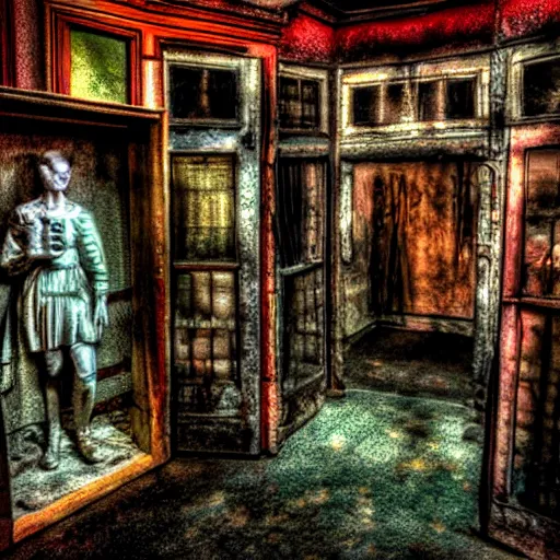 Image similar to Creepy Dimly Lit Run Down Wax Museum Gallery Display HDR