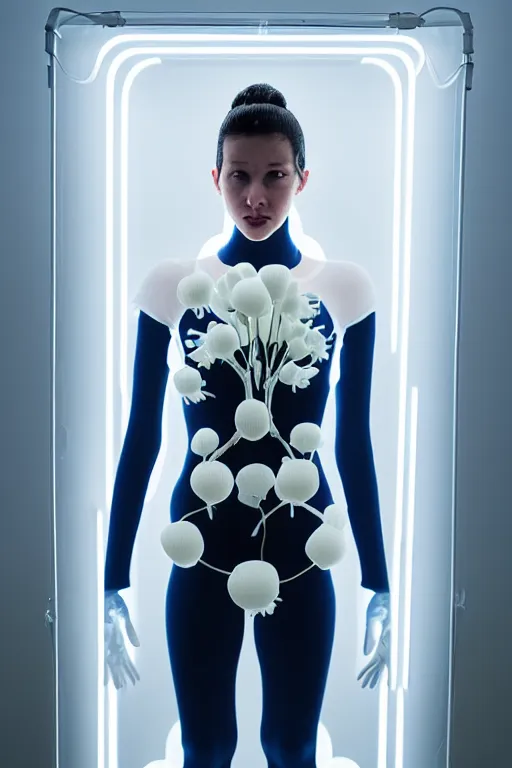 Image similar to symmetrical portrait of a woman wearing a blue embroidered translucent silicone mask and white frizzy hair buns, wearing a black bodysuit by alexander mcqueen, standing in a sterile room full of translucent silicone white flowers and plants, white background, soft diffused light, biotechnology, humanoide robot, futuristic aesthetic, translucent, ethereal, intricate details, highly detailed, masterpiece,