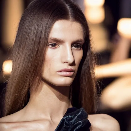 Image similar to A beautiful portrait of valery kaufman as Bond Girl from latest James Bond movie and a model at Versace fashion show as a model Spring/Summer 2018, highly detailed, in the style of cinematic, Milan fashion week backstage, Extreme close up, Makeup by Pat McGrath, Hair by Guido Palau, Greg rutkowski