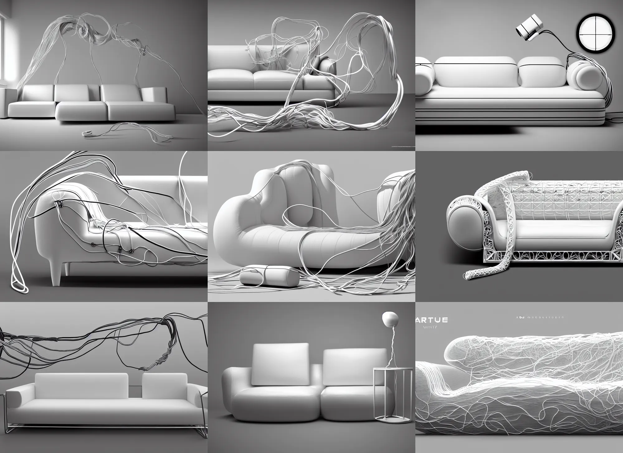 Prompt: frontal view, white sofa, wires, tubes, veins, white mechanical details, inflateble shapes, masterpiece, intricate, highly detailed, vogue, artstation, concept art