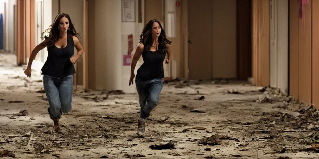 Prompt: Jennifer Love Hewitt running away from a serial killer in a dark abandoned school