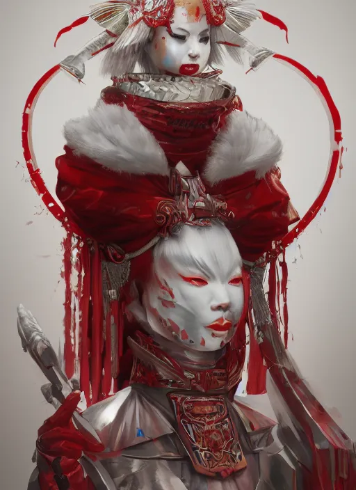 Image similar to albino maiko in a ornated armor war paint, fluent composition, red and white neon, concept art, ambient light, 4 k, intricate details, highly professionally detailed, cgsociety, highly detailed -