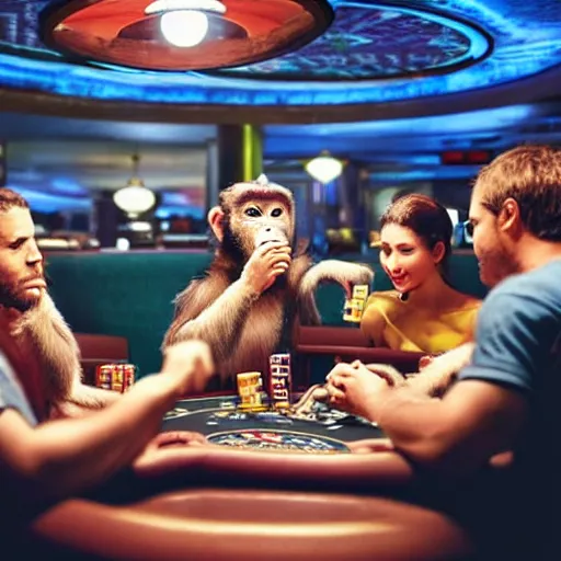 Prompt: a group of monkey's drinking beer at a casino playing poker, Hyper Realism, realistic, cinematic lighting, ambient lights,