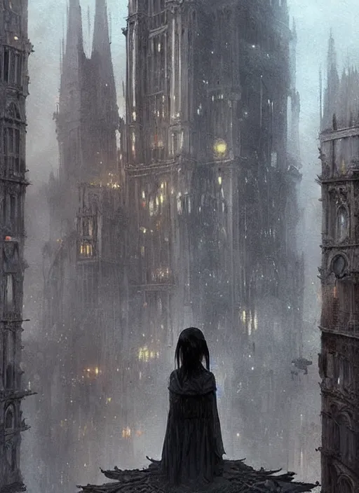 Prompt: a teenage girl with short dark hair and a tattered grey cloak stands atop the tallest building in a gothic fantasy city. beautiful painting by greg rutkowski