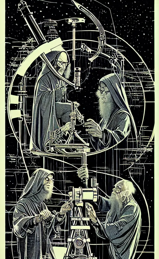 Image similar to ancient cloaked wizards looking through a telescope in his laboratory, high details, intricately detailed, by vincent di fate, inking, 3 color screen print, masterpiece, trending on artstation,, sharp, details, hyper - detailed, hd, 4 k, 8 k