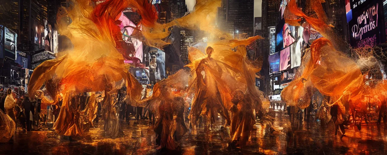 Image similar to 'Deamons unleashed in Times Square' by István Sándorfi royally decorated, whirling smoke, embers, gold adornements, gilt silk torn fabric, radiant colors, fantasy, perfect lighting, studio lit, volumetric lighting, micro details, 3d sculpture,