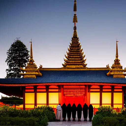 Image similar to several monks outside a buddhist temple, twilight, golden hour,