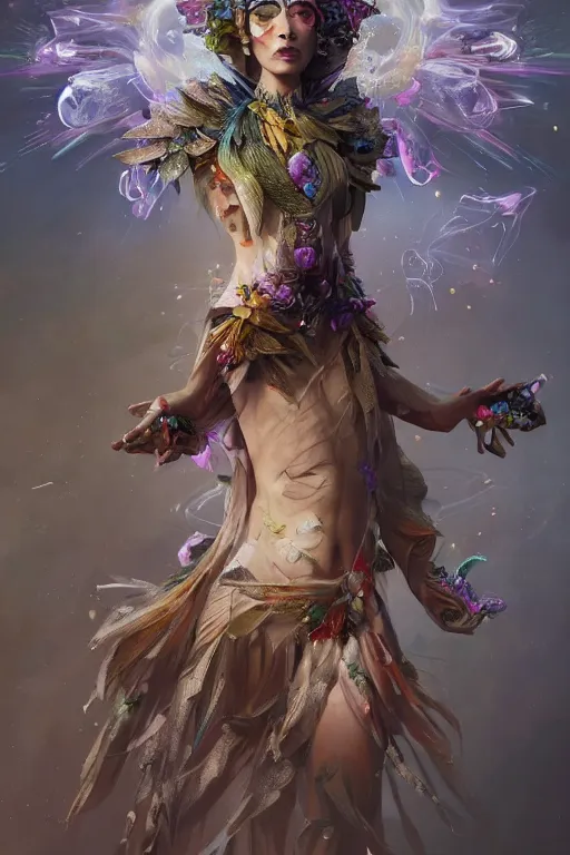 Image similar to beautiful girl witch - doctor exploding into flowers electricity crystal dress, angels, 3 d render, hyper - realistic detailed portrait, holding electricity and birds, ruan jia, wlop. scifi, fantasy, magic the gathering, hyper detailed, octane render, concept art by artgerm, peter mohrbacher