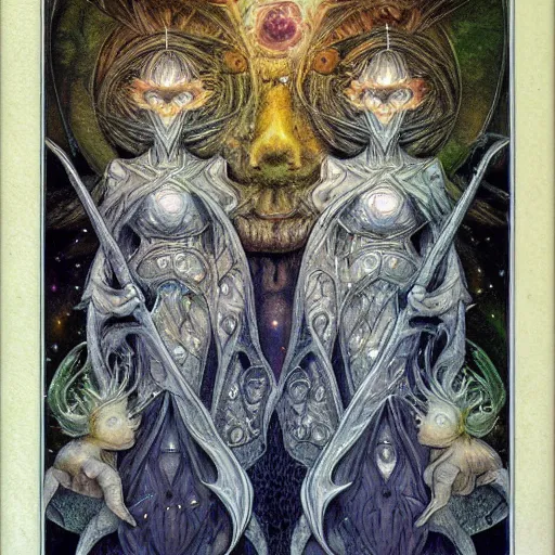 Image similar to detailed and sharp gemini artwork, mystic style, detailed, 8 k, detailed, symmetrical, by brian froud