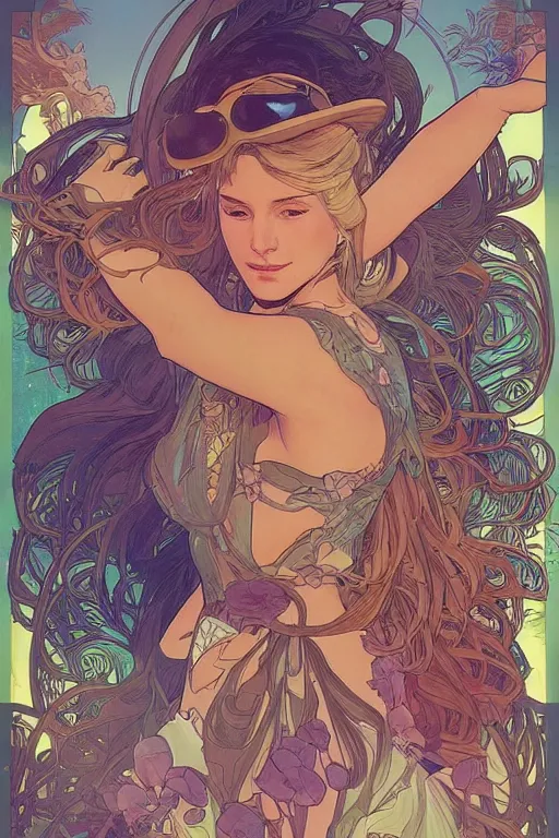 Image similar to coachella pool party, by artgerm and moebius and alphonse mucha, hyperdetailed, dc comics, explosions in the sky, trending on artstation