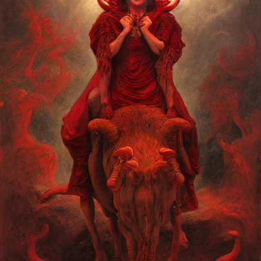 Image similar to a masterpiece! photographic portrait of a scarlet - colored beast with seven ( 7 ) heads and ten ( 1 0 ) horns by gustave dore and stephen hickman and allen williams, trending on artstation, cgsociety, 8 k hd, earthtone colors, a cloaked woman riding the back of the beast