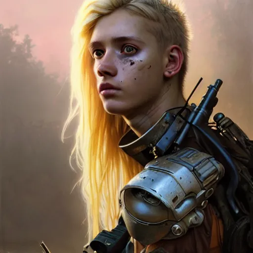 Image similar to portrait painting of a post - apocalyptic blonde teenager with matted long hair wearing light scrap armor with an old gun on his back, ultra realistic, concept art, intricate details, eerie, highly detailed, photorealistic, octane render, 8 k, unreal engine. art by artgerm and greg rutkowski and charlie bowater and magali villeneuve and alphonse mucha