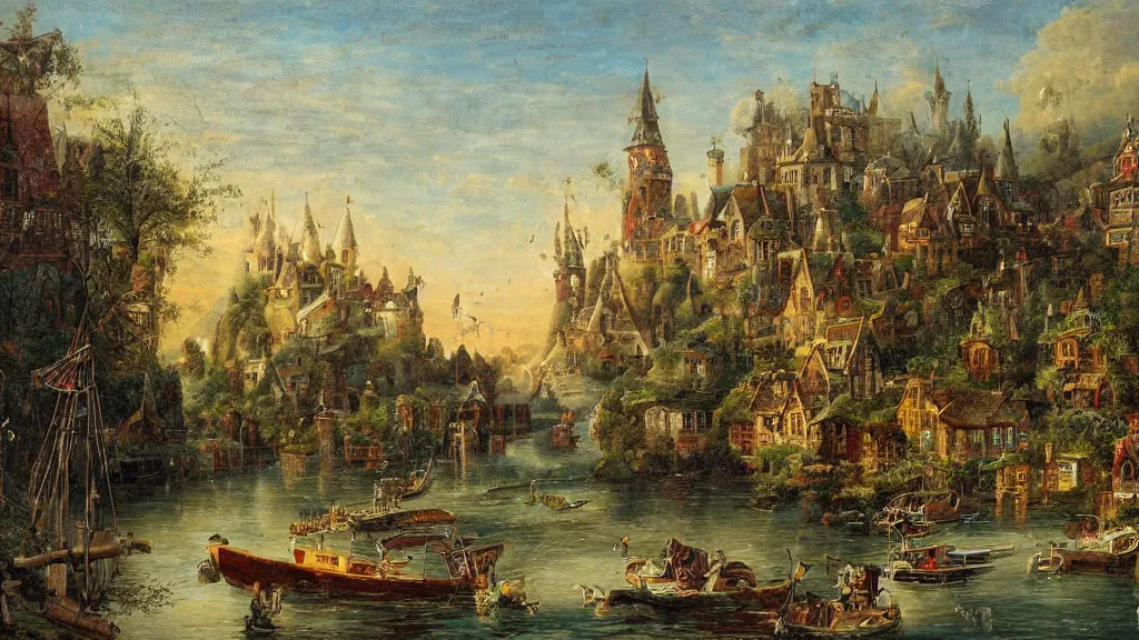 Image similar to an old enchanted fantasy town, viewed from the harbor, by jean - baptist monge,