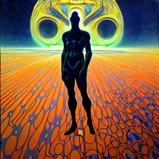 Image similar to realistic extremely detailed portrait painting of a glowing male silhouette, futuristic sci-fi landscape on background by Jean Delville, Amano, Yves Tanguy, Alphonse Mucha, Ernst Haeckel, Edward Robert Hughes, Roger Dean, rich moody colours, blue eyes