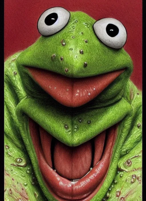 Prompt: portrait of Kermit the frog from The Exorcist (1973), intricate, highly detailed, centered, digital painting, artstation, concept art, smooth, sharp focus, decayed, illustration, artgerm, donato giancola, Joseph Christian Leyendecker, WLOP, Artgerm