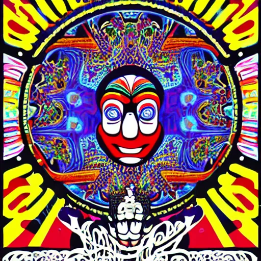 Image similar to Fillmore concert poster for The Bozone April 20, 1969 by Victor Moscoso, by Wes Wilson, by Glen Orbik, psychedelic, intricate paisley filigree, Bozo the clown. Circus motif, red clown nose, infinite fractal mandala tunnel, day-glo colors, Unreal Engine, HD 4D, flowing lettering