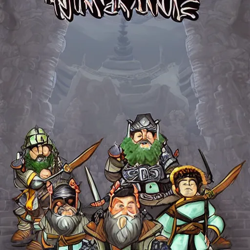 Image similar to a dwarf ninja heroes facing an ancient temple, illustrated by trent kaniuga