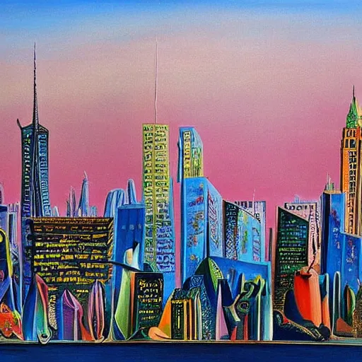 Prompt: salvador dali painting of new york city skyline lots of color and detail