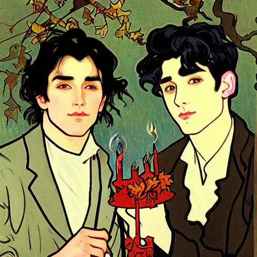 Image similar to painting of young cute handsome beautiful dark medium wavy hair man in his 2 0 s named shadow taehyung and cute handsome beautiful min - jun together at the halloween! party, bubbling cauldron!, candles!, smoke, autumn! colors, elegant, wearing suits!, delicate facial features, art by alphonse mucha, vincent van gogh, egon schiele