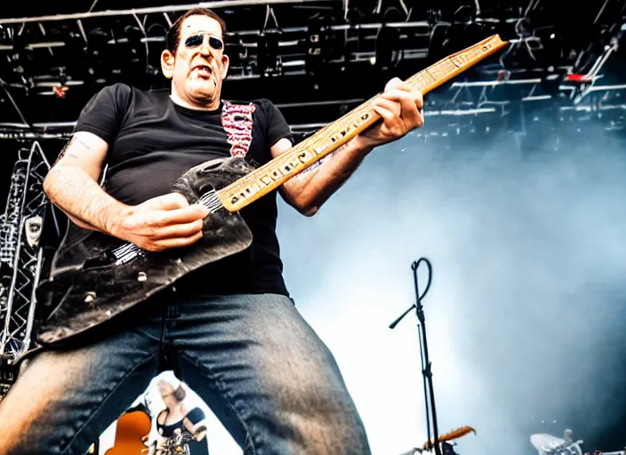 Image similar to photo still of herman munster on stage at vans warped tour!!!!!!!! at age 3 3 years old 3 3 years of age!!!!!!!! shredding on guitar, 8 k, 8 5 mm f 1. 8, studio lighting, rim light, right side key light