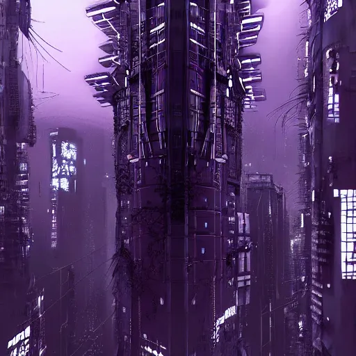 Image similar to Futuristic Concrete Dense Tokyo in style of Tsutomu Nihei in purple and black tones. ArtStation, Cyberpunk, vertical symmetry, 8K, Highly Detailed, Intricate, Album Art.