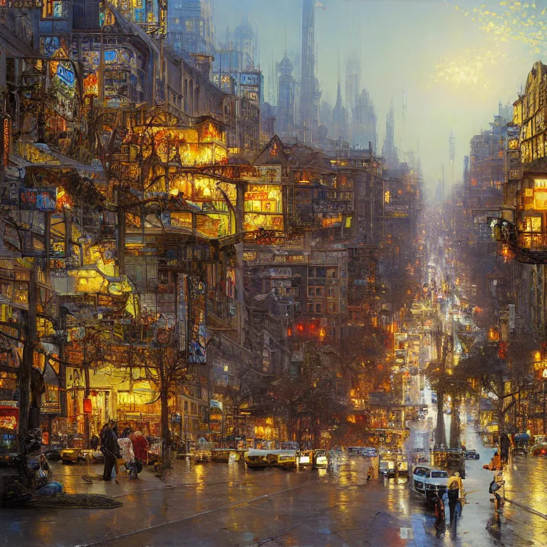 Prompt: ! dream street city, hyperrealism, no blur, 4 k resolution, ultra detailed, style of john berkey, norman rockwell, hans thoma, ivan shishkin, tyler edlin, thomas kinkade