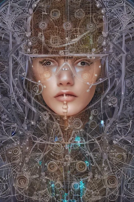 Prompt: a beautiful woman is being transformed and augmented into a machine by nanites, photorealistic, magical, enchanted, intricate detail, elaborate machinery, clockwork, torn tapestry, swirling smoke, ember particles, regal design, royal relief