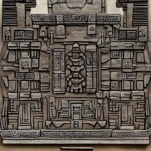 Prompt: 3/4 perspective, mayan influenced architecural painting of a hidden city with a large statue in the middle of a courtyard, artstation, highly detailed,