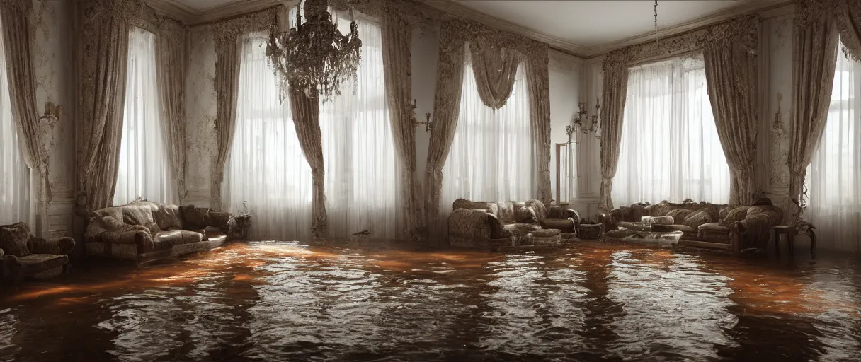 Image similar to decorative empty victorian livingroom flooded with water, octane render, 8k, artstation, concept art, smooth, sharp focus